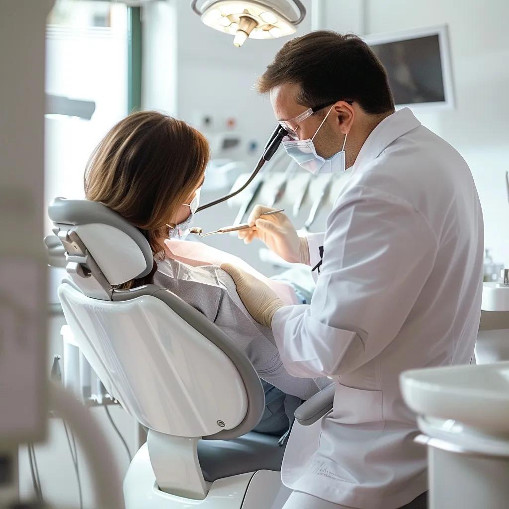 Dentist providing emergency dental care to a patient in a modern clinic