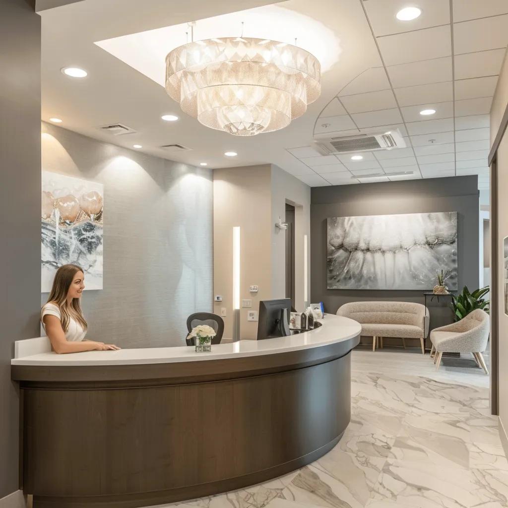 Modern dental clinic reception area with friendly staff and comfortable seating
