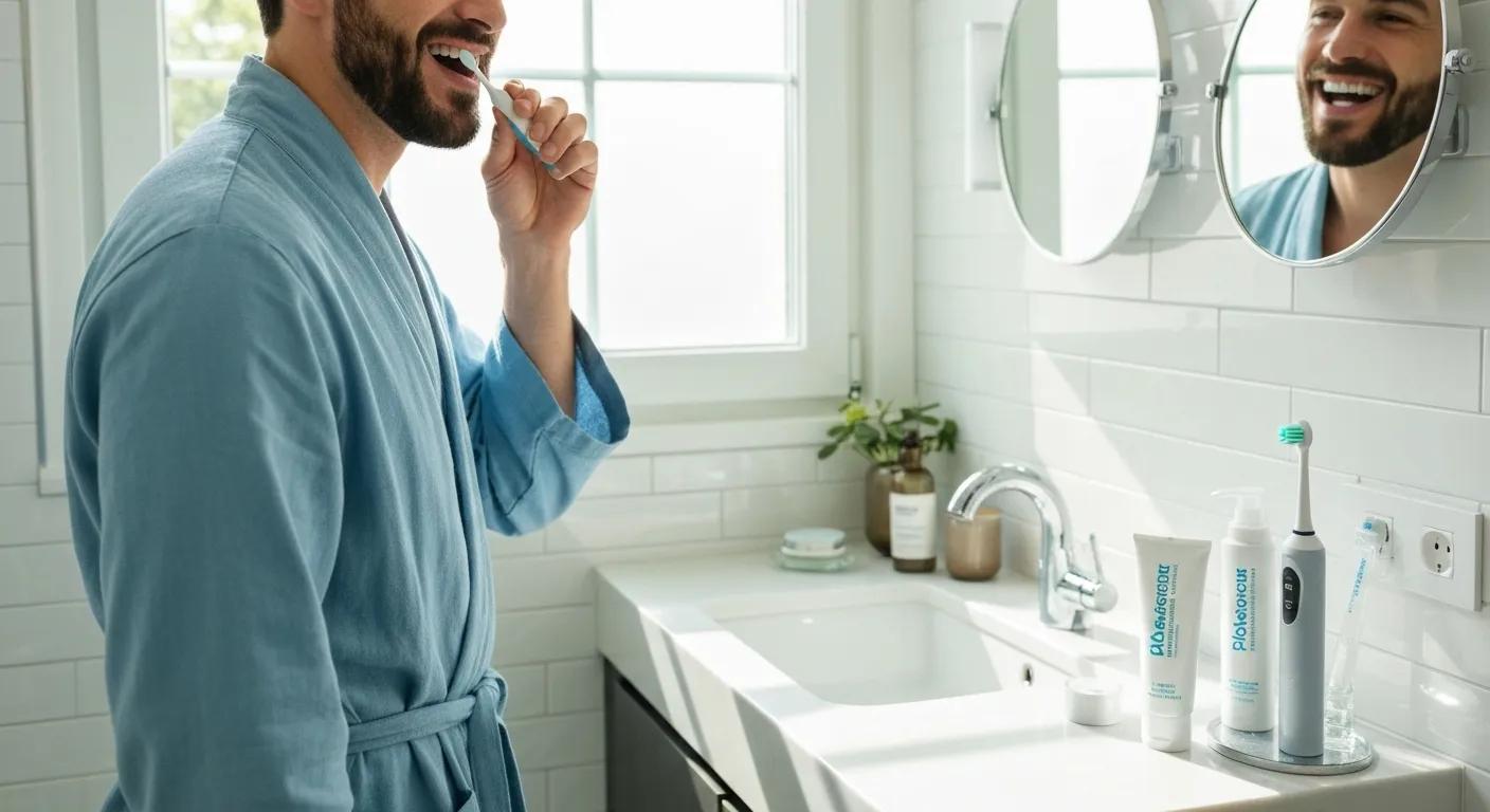 Person brushing teeth in a bright bathroom, highlighting aftercare practices for maintaining a whitened smile