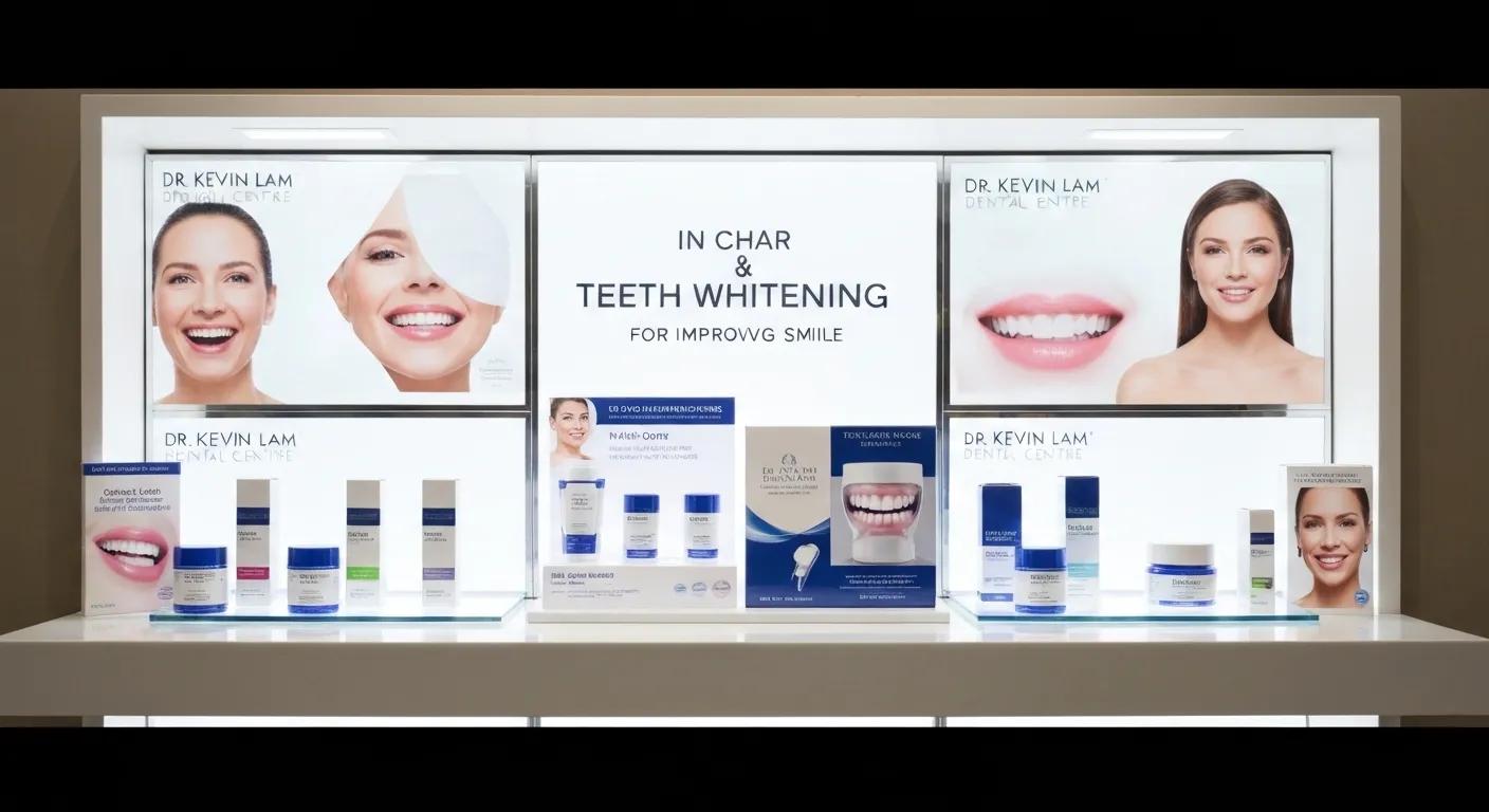 Display of in-chair and take-home teeth whitening products showcasing options available at Dr Kevin Lam Dental Centre
