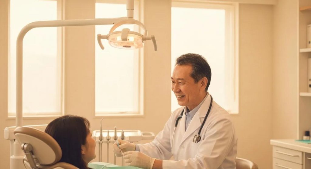 A warm and inviting dental practice with a friendly dentist interacting with a patient