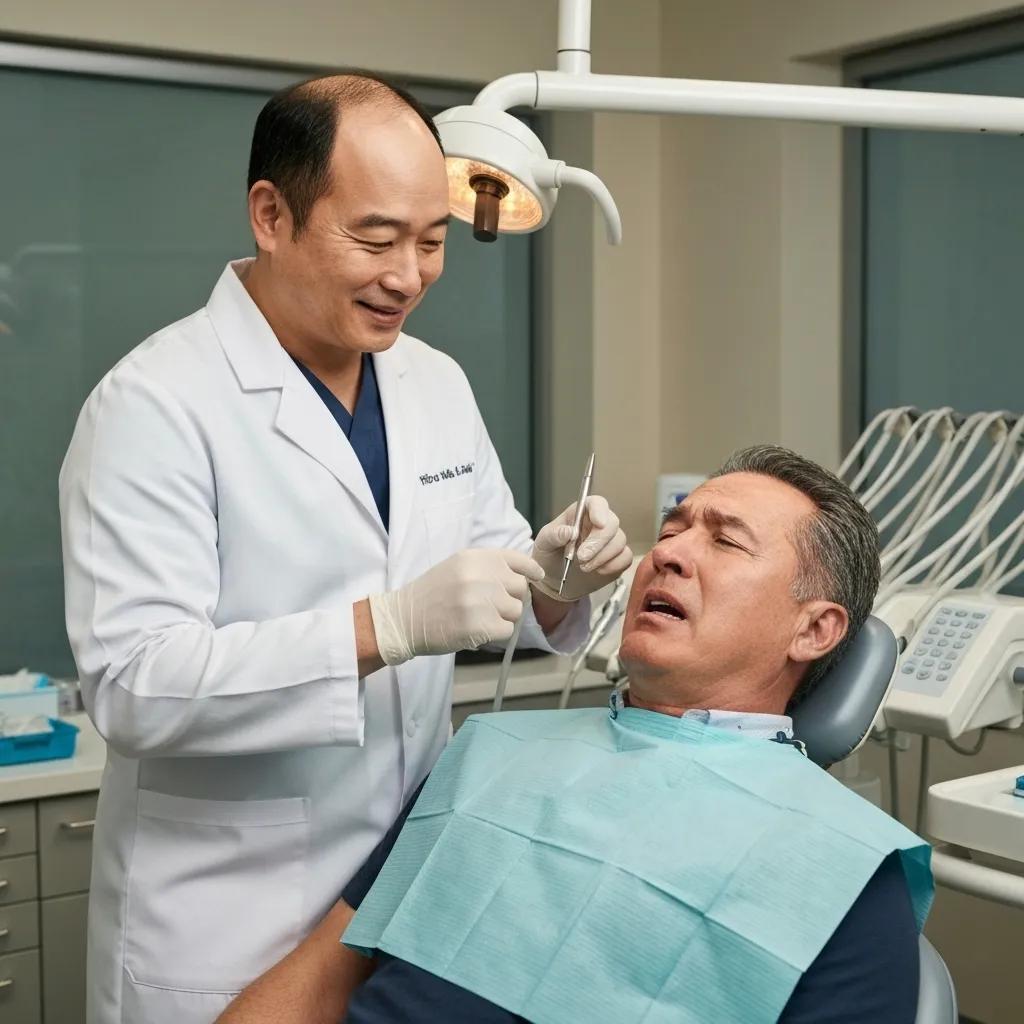 A dental professional providing urgent assistance to a patient in an emergency dental situation, demonstrating promptness and skill