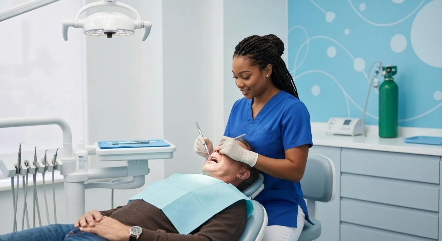 A dentist providing urgent dental care to a patient in a treatment room setting