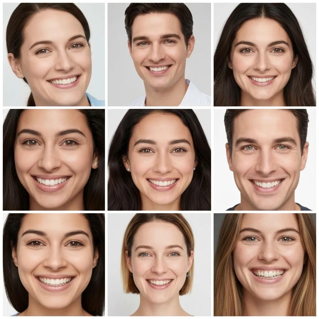 A visual collection of cosmetic dentistry treatments, including teeth whitening, veneers, and dental implants