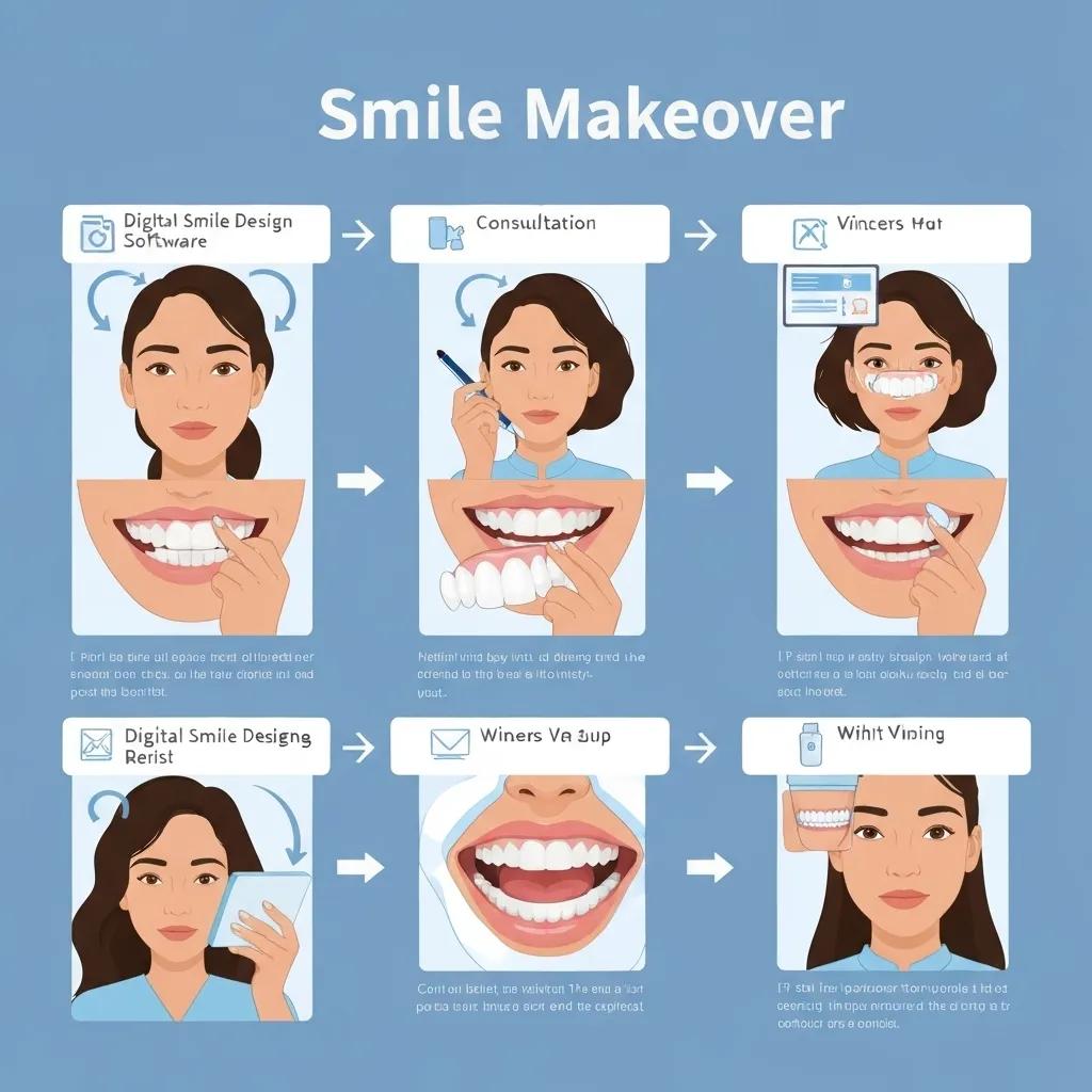 An illustration depicting the smile makeover process, outlining the patient's journey and key treatment steps
