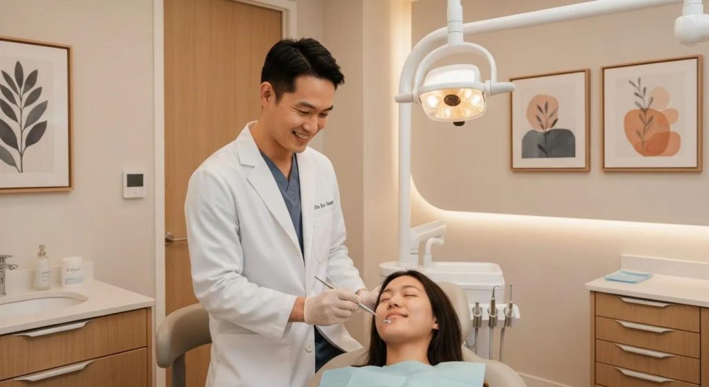 Warm and inviting dental clinic interior with Dr. Kevin Lam providing attentive care to a patient, fostering a sense of trust and comfort