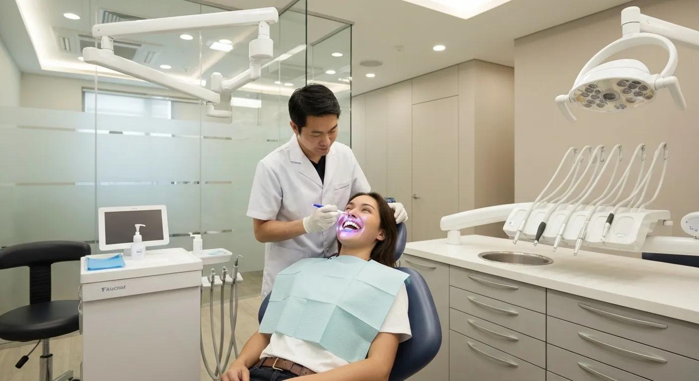 A patient receiving a teeth whitening treatment in a modern dental clinic setting
